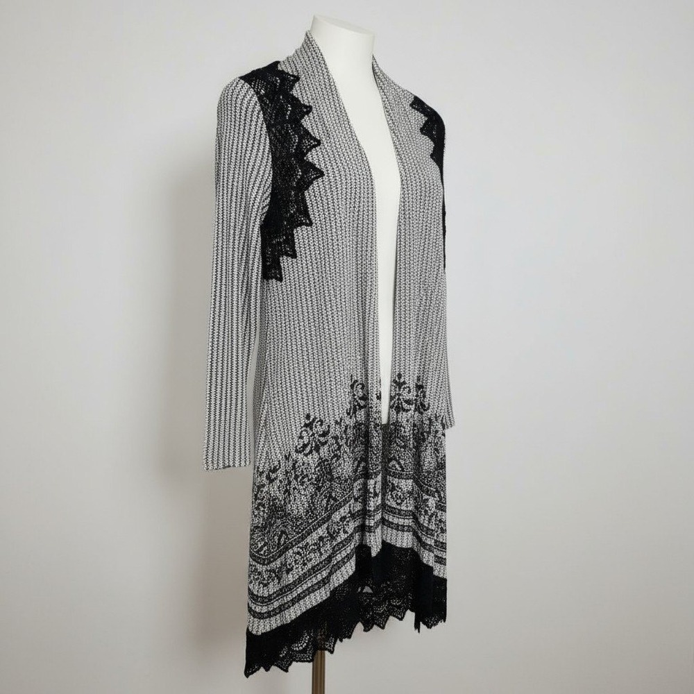 Size S Vocal Black and White Open-Front Lace Trim Cardigan